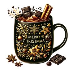 a coffee mug filled with chocolates and christmas decorations