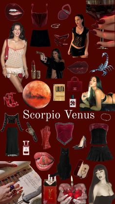 a collage of women's clothing and accessories with the words sorpio venus above them