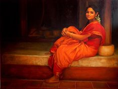 a painting of a woman in an orange sari sitting on the steps with her legs crossed