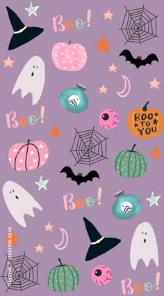 a purple background with various halloween items on it