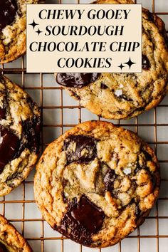 chewy gooey sourdough chocolate chip cookies on a cooling rack