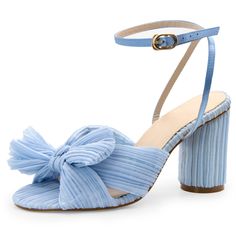 PRICES MAY VARY. Pleated Bow Heels: High heels are your fashion staple. With a stylish pleated bow knot, our blue heels are available in 2 inches and 3.15 inches heel heights, combining elegant and classic. Easy On and Off: These sandals for women feature open toe and an adjustable ankle strap design, convenient to slip on and off. The adjustable strap ensures a secure fit. Comfortable Feel: The blue chunky heeled sandals feature a soft padded insole and anti-slip rubber outsole, keeping both st Golden Sandals, High Heel Dress Shoes, Green Bras, High Heel Dress, Womens Chunky Heels, Bow Heels, Wedding Sandals, Bow Knot, Fashion Heels