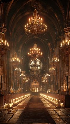 an ornate cathedral with chandeliers and candles