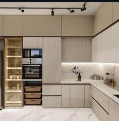 a modern kitchen with marble counter tops and white cabinets, along with an open shelving unit