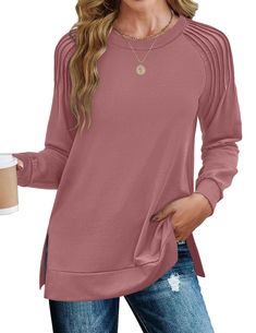 PRICES MAY VARY. Casual Tunics Tops: Womens long sleeve tunic tops made of 94% Polyester+6% Spandex; long sleeve shirts for women, tops dressy casual, This fabric feels soft/ relaxed/ breathable/ comfortable/ lightweight. Crewneck/ round neck/ scoop neck sweatshirts. Raglan Sleeve Design: Pleated tops side split cute sweatshirts adds feminine charm, classic plain crewneck tunic tops for women loose fit dressy, regular fit, solid color, tunic tops to wear with leggings, creating a uniquely fashio Business Casual Tops For Women, Tunic Tops Outfit, Fall Tops For Women, Plain Crewneck, Autumn Fashion Curvy, Women Fall Tops, Fall 2024 Fashion, Business Casual Top, Popular Clothing