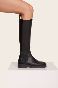 Introducing the tall version of our classic Palamino Boot. This boot features an elasticized gore shaft, comfortable rubber sole, back pull tabs, and leather upper. Chunky Tall Boots, Chealse Boot, Flat Black Boots, Tall Black Leather Boots, Dressy Boots, Black Flat Boots, Tall Black Boots, Winter Fashion Boots