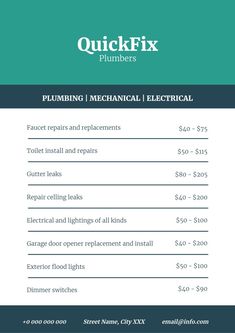 the pricing sheet for quick fix plumbers plumbing and mechanical electrical, which is also available in