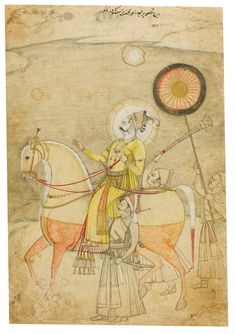 an old painting with a man riding on a horse