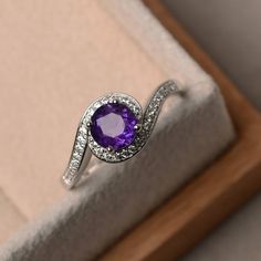 Round Diamond Gemstones For Promise Ring, Elegant Amethyst Birthstone Crystal Ring, 14k White Gold Gemstone Rings, Elegant Amethyst Birthstone Ring For Promise, Elegant Amethyst Birthstone Ring With Prong Setting, Purple Cubic Zirconia Birthstone Ring, Sterling Silver Gemstones With Center Stone, Round Cut, Elegant Purple Birthstone Ring With Round Cut, Sterling Silver Gemstone Diamond Ring