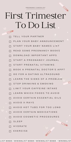 the first trimester to do list is shown with pink and white confetti