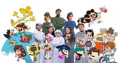 a group of people standing next to each other in front of cartoon characters on a white background