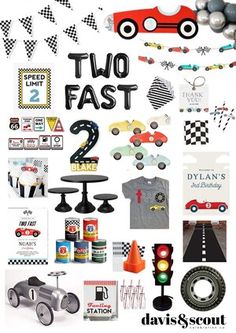 two fast birthday party supplies including cars, race cars and other things to do with the kids