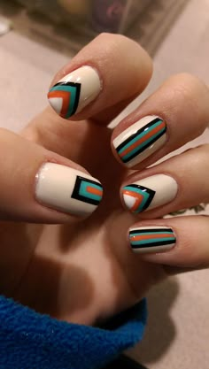 White Turquoise Nails, Orange Turquoise Nails, Diy Western Nails, Cute Western Nails Short, Western Nails Orange, Black And Tan Nails Designs, Pretty Acrylic Nails Coffin Short, White And Turquoise Nails, Turquoise And Orange Nails