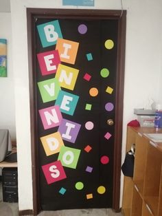 a door decorated with colorful blocks and letters