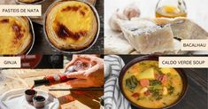 different types of food are shown in this collage, including soups and pies