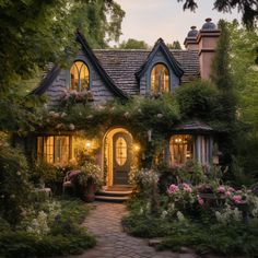 a house that is surrounded by flowers and greenery in the front yard at dusk