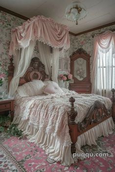 a bedroom with pink and white flowers on the walls, bedding and curtains are all made up