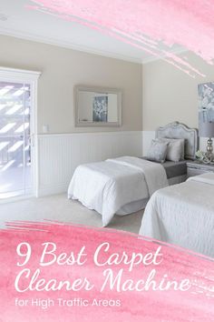 two beds in a room with pink paint on the walls and white carpeting, one is