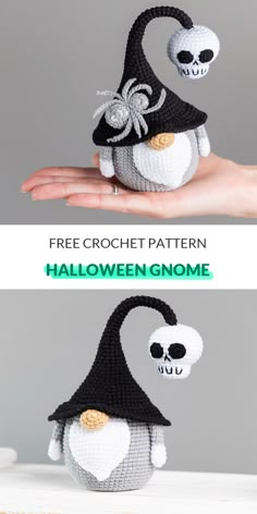 a crocheted halloween gnome is shown with the text free crochet pattern