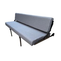 a gray couch with black legs and arm rests on a metal frame against a white background