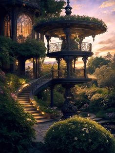 a gazebo in the middle of a garden with stairs leading up to it's top