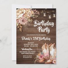 a birthday party with boots, flowers and lights on the wooden background is featured in this card