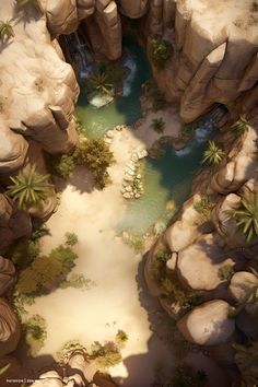 an aerial view of a river in the middle of some rocks and palm trees on either side