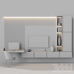 a white room with a desk and chairs