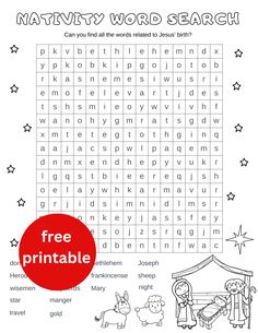 a printable nativity word search is shown with the words and pictures below it