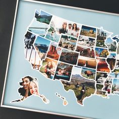 a map of the united states with pictures of people and places on it in silver frame