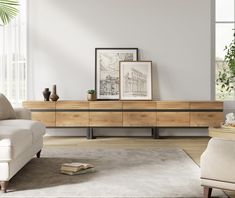 a living room scene with focus on the sideboard and couch, coffee table and potted plant