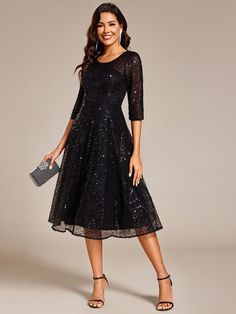 Shine at any wedding with this 3/4 Sleeve Sparkly Sequin Round Neck Midi Wedding Guest Dress. The shimmering sequin design adds a dazzling touch, while the classic round neckline and 3/4 sleeves create a sophisticated silhouette. The midi length ensures elegance and ease of movement, making it perfect for formal celebrations or evening events. Fit: Please refer to size chart. Length: Midi length. Sleeve Style: 3/4 sleeves. Closure: It is concealed a zipper up the back. Undergarments: It is not p Black Dress For Wedding Guest, Western Frocks, Midi Wedding Guest Dress, Black Tie Party, Prom Dresses Sleeveless, Sequin Midi Dress, Plus Size Formal Dresses, Sequin Evening Dresses, Sequin Design