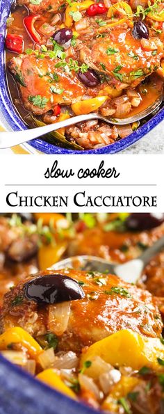 chicken cacciatore in a blue casserole dish