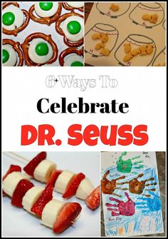 collage of different pictures with the words celebrate dr seuss written in red and green