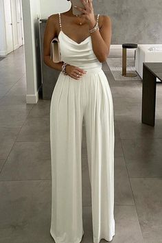 Casual Elegant Style, Chique Outfit, Party Rompers, Solid Color Jumpsuits, Chique Outfits, Sequin Jumpsuit, Style Upgrade, White Jumpsuit