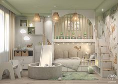 a child's bedroom is decorated in white and green