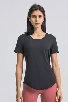 Size: Relax fit Pattern: Plain Feature: Short sleeve. curve hem. pullovers Neckline: Crewneck Sheer: No Stretch: Highly stretchy Measurements: Size 4: length 24 in. bust 36 in. underbust 37 in. sleeve 7 inSize 6: length 25 in. bust 37 in. underbust 39 in. sleeve 7 inSize 8: length 25 in. bust 39 in. underbust 40 in. sleeve 7 inSize 10: length 26 in. bust 41 in. underbust 42 in. sleeve 7 inSize 12: length 26 in. bust 42 in. underbust 43 in. sleeve7 in Material composition: 80% nylon. 20% spandex Care: Machine wash cold. Tumble dry low. Imported Shipping time: 5-10 business days Workout Stretch T-shirt With Scoop Neck, Athleisure Fitted Scoop Neck Tops, Solid Color Scoop Neck Top With Minimal Stretch, Solid Scoop Neck Top With Minimal Stretch, Sporty Stretch Short Sleeve Workout Top, Fitted Scoop Neck Tops For Athleisure, Stretch Athleisure Short Sleeve Top, Sporty Stretch Short Sleeve Top For Workout, Solid Stretch Short Sleeve Top For Athleisure