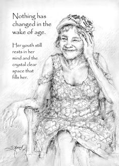 a drawing of a woman sitting in a chair with her hand on her face and the words, nothing has changed in the wake of age