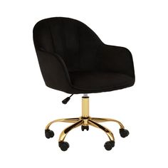 a black office chair with gold wheels and casteors