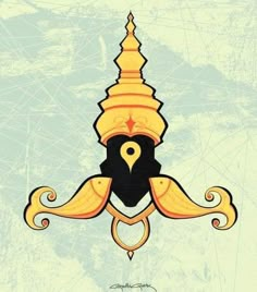 an ornate design with a bird on it's head in gold and black, against a light blue background