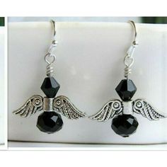 Lovely Black Crystal Angel Earrings Composed Of Faceted Black Crystal Beads & Metal Angel Wings. Measures Approximately 1 1/4 Inches In Length From The Very Top Of The Ear Wire. Made Personally By Me In A Pet-Free, Smoke-Free Home. Free Gift With Every Order!!! Metal Angel Wings, Blush Earrings, Gold Round Earrings, Small Dangle Earrings, Crystal Angel, Silver Chain Earrings, Celtic Earrings, Angel Earrings, Crystal Angels