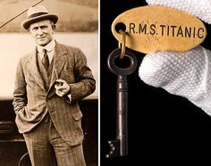 an old key is attached to a man's suit and hat with the name r m stanio on it