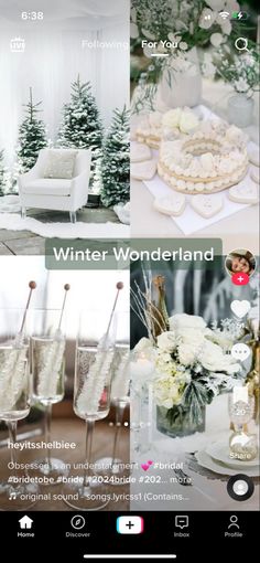 a collage of photos with white flowers and trees in the background, including wine glasses