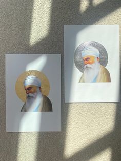 two paintings of an old man with a white beard and wearing a turban