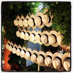 many hats are hanging on clothes pins in the shape of sunhats and other things