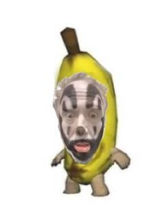 a banana with a man's face painted on it and an image of a monkey