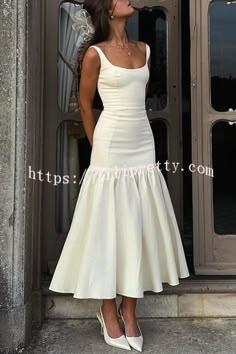 Court House Wedding Dress Waist Drop Dress, Drop Waist Midi Dress, Calf Length Wedding Dress, Modern Romantic Style, White Drop Waist Dress, White Dress Teen, White Outfits For Women Party Classy, Drop Waist Dress Outfit, Date Dress Outfit