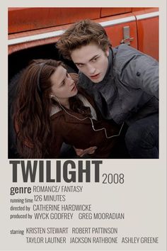 the twilight saga movie poster with two people in front of an orange truck and one person leaning