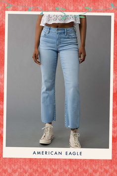 Next Level Stretch/Our softest, stretchiest, never-loses-its-shape denim/Holds its shape & won't bag out. Ever./Light wash/Raw destroy hem Cropped Jeans, American Eagle Outfitters, American Eagle, Women's Jeans, Women Jeans, High Waisted, Clothes