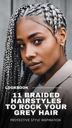 Grey hair can be beautiful and elegant, but it also requires special care to maintain its health and vibrancy. Protective hairstyles help keep textured grey hair healthy by limiting its exposure to any damage caused by the sun, the heat, the cold, or overmanipulation.  Here are the top 11 protective hairstyles for grey hair that will help you embrace your silver strands with confidence and style. Gray Goddess Braids Silver Hair, Gray Hair Protective Styles, Grey And Blonde Box Braids, Crochet Braid Styles Grey Hair, Salt And Pepper Box Braids, Gray Hair Styles For Black Women, Wedding Hairstyles With Locs, Grey Box Braids Silver Black Women, Salt And Pepper Hair Black Women